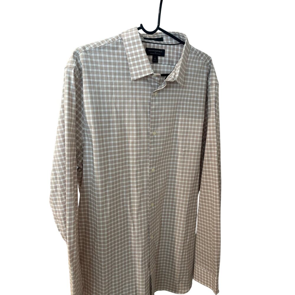 Banana Republic Slim Fit Wrinkle Resistant Dress Shirt XL Tall Beige Plaid - Picture 15 of 16